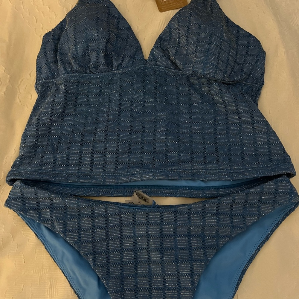 Berlook Blue Women's Textured Bandeau Tankini Set